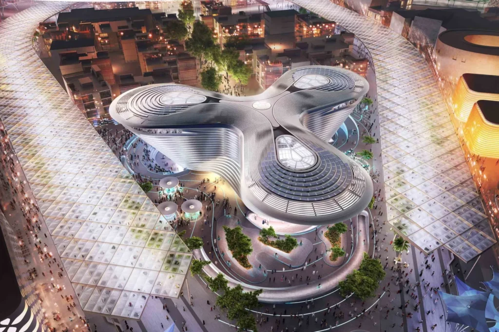 Expo 2020 Mobility Pavilion futuristic architecture representing innovation and smart city developments highlighted at Dubai Property Show Brisbane.