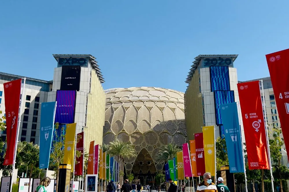 Visitors walking toward the Al Wasl Dome at Expo City Dubai, representing international events and property investment opportunities promoted at Dubai Property Show Brisbane.